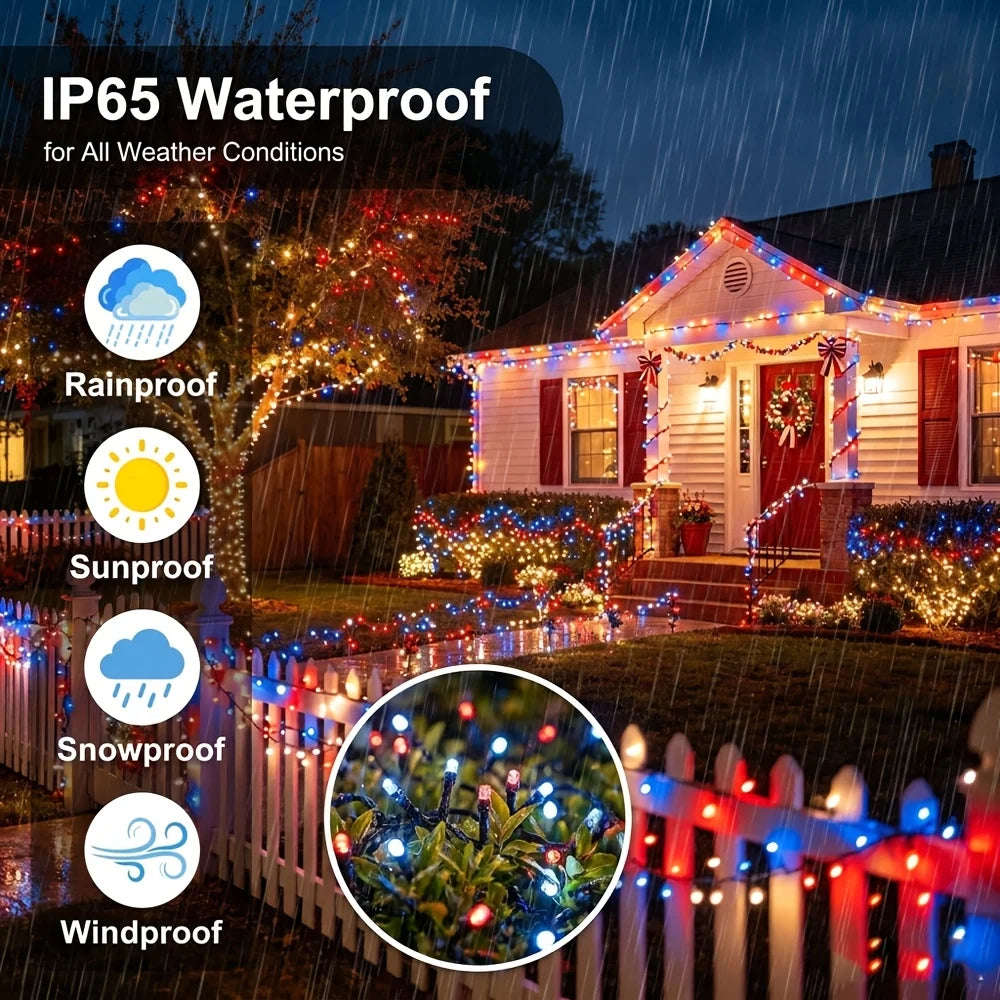 Patriotic Red White Blue LED String Lights - Solar Powered 4th of July Decor