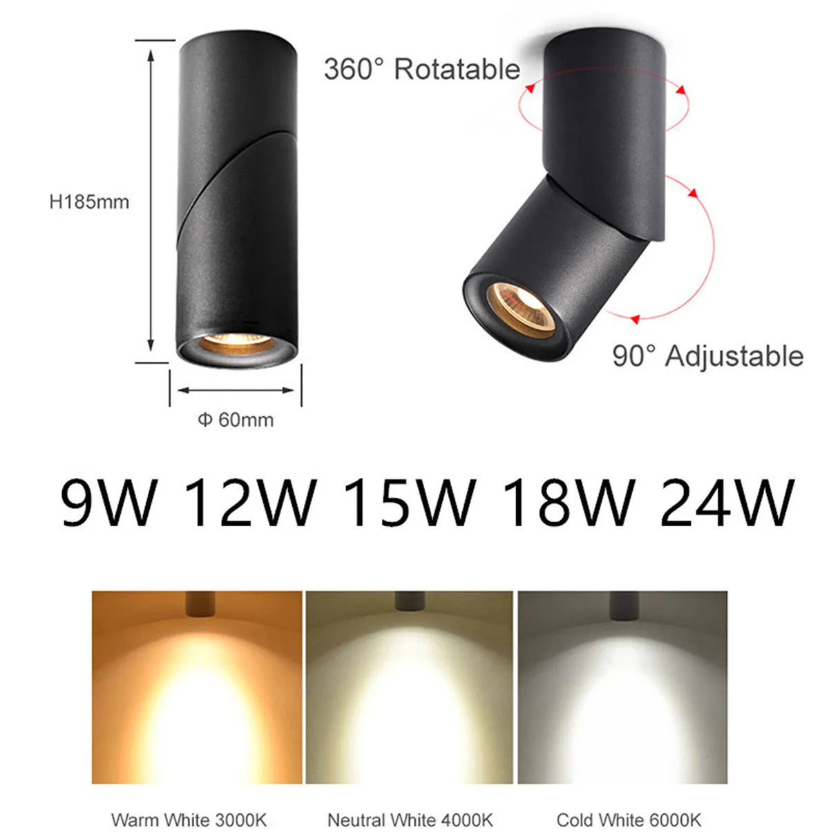 Dimmable Rotating LED Downlights 9W 15W 24W COB  Ceiling Spot Lights AC110-220V LED Wall Lamp Warm Cold White Indoor Lighting