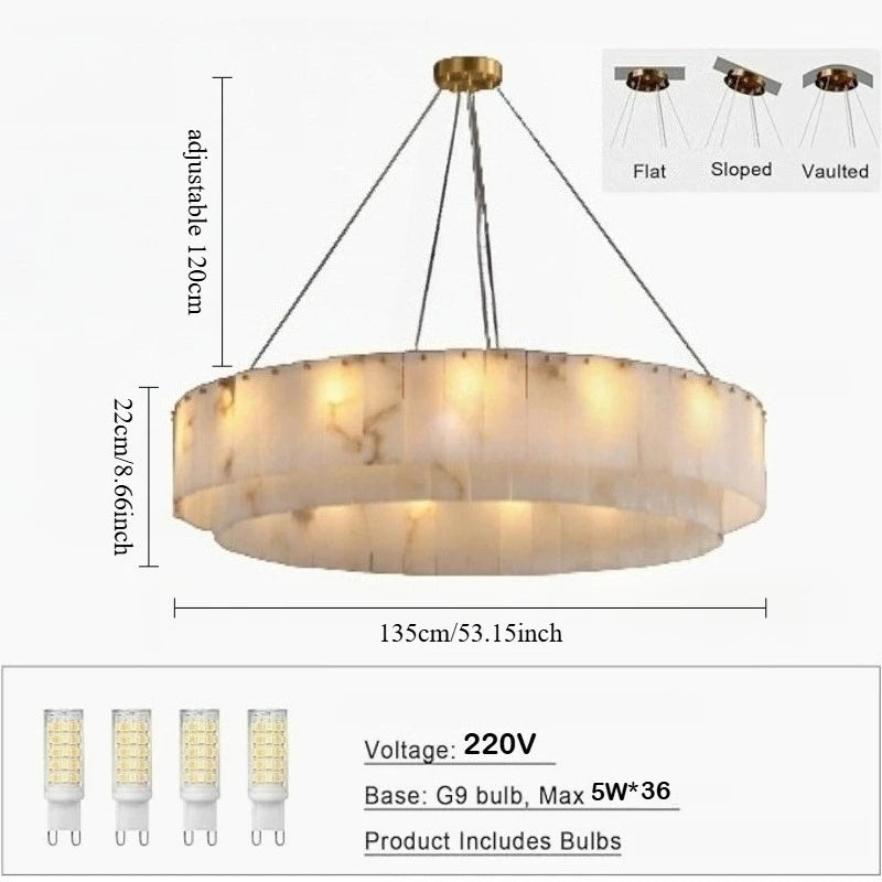 Modern Natural Marble Dimmable Pendant Light - Round Alabaster Ceiling Chandelier Fixture for Living Room & Dining Room