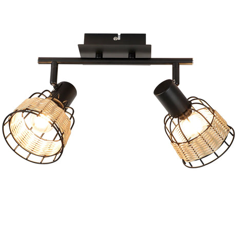 Vintage Track LED 2/3/4/6 Light Ceiling Spotlight Rustic Metal and Rattan Light Industrial Track Lamp for Foyer E12