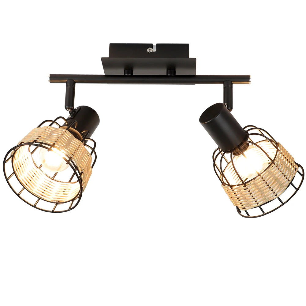 Vintage Track LED 2/3/4/6 Light Ceiling Spotlight Rustic Metal and Rattan Light Industrial Track Lamp for Foyer E12