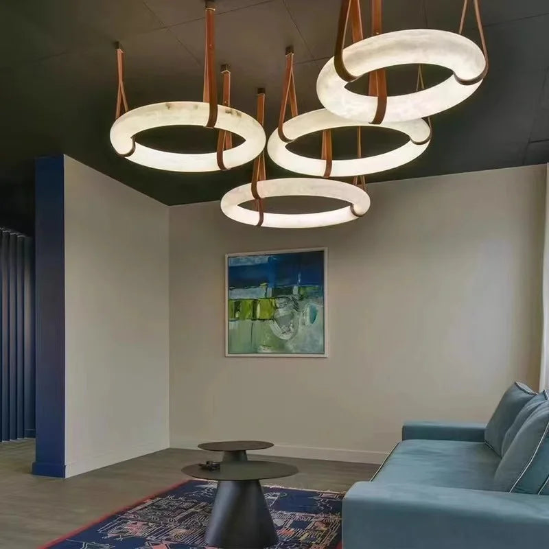 2026 Circular Marble Leather LED Hanging Lamp Modern Bedroom Living Room Main Light Fixture Nordic Faux Marble Pendant Light
