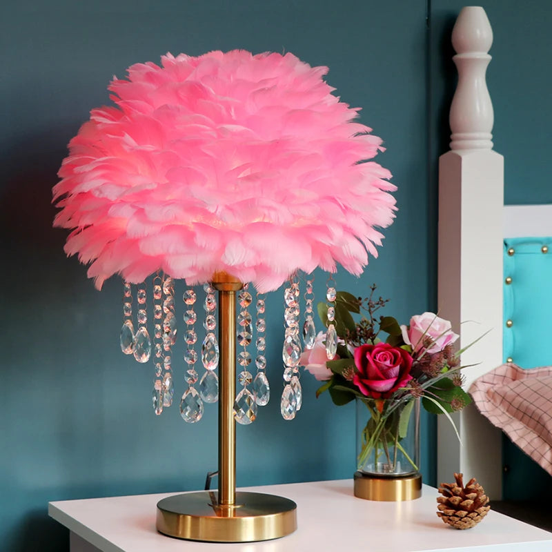 Nordic Feather Crystal Table Lamp Bedroom Ins Girl Warm Bedside Lamp Creative Luxury Romantic Feather Lamp