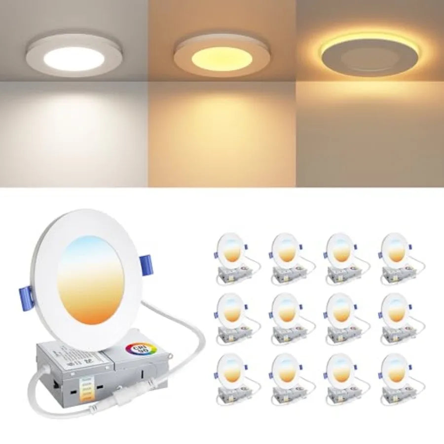 12-Pack LED Recessed Dimmable Downlights - 9W Ultra-Thin Canless Wafer