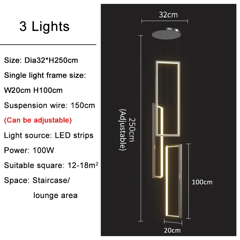 Large Modern Chandelier For Staircase Led Home Decors Hanging Lamp Black /Gold Indoor Lighting Luxury Creative Rectangle Luster's