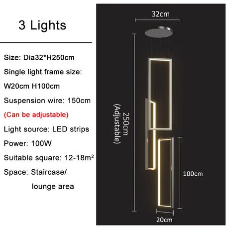 Large Modern Chandelier For Staircase Led Home Decors Hanging Lamp Black /Gold Indoor Lighting Luxury Creative Rectangle Luster's