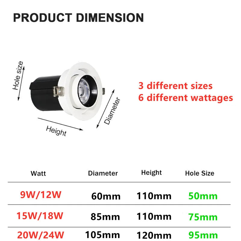 1Pcs NEW Style LED Aluminum Recessed Rotating Downlight 9W/12W/15W/18W/20W/24W CREE Chip COB Spot Light Ceiling Lamp AC85-265V
