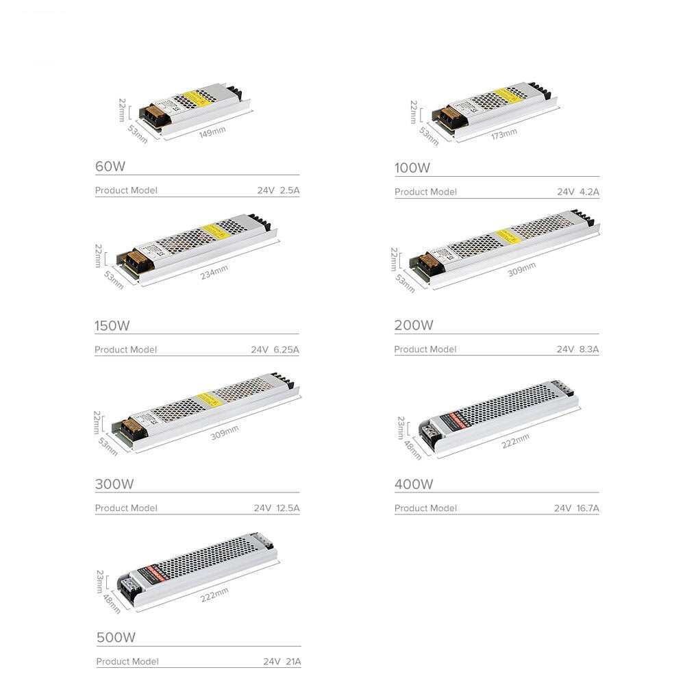 Ultra Thin LED Power Supply AC190 240 to DC12 24V 60 100 150 200 300 400 500W Transformer Adapter Driver FCOB WS2815 Light Strip