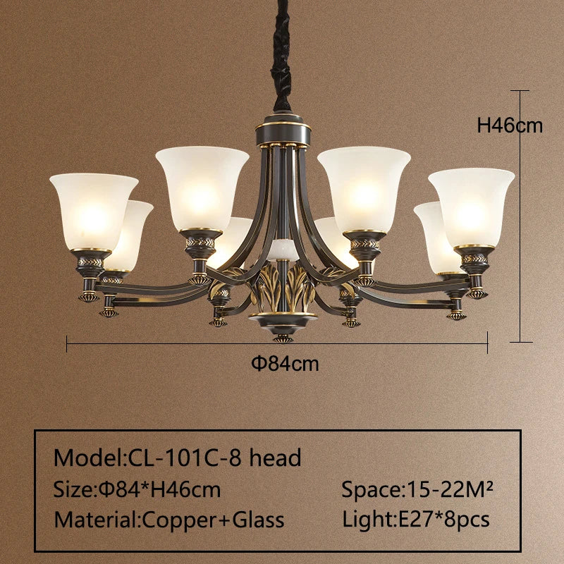 Solid Brass Chandelier with Glass Shades - 3-Color LED Luxury Dining Room Light