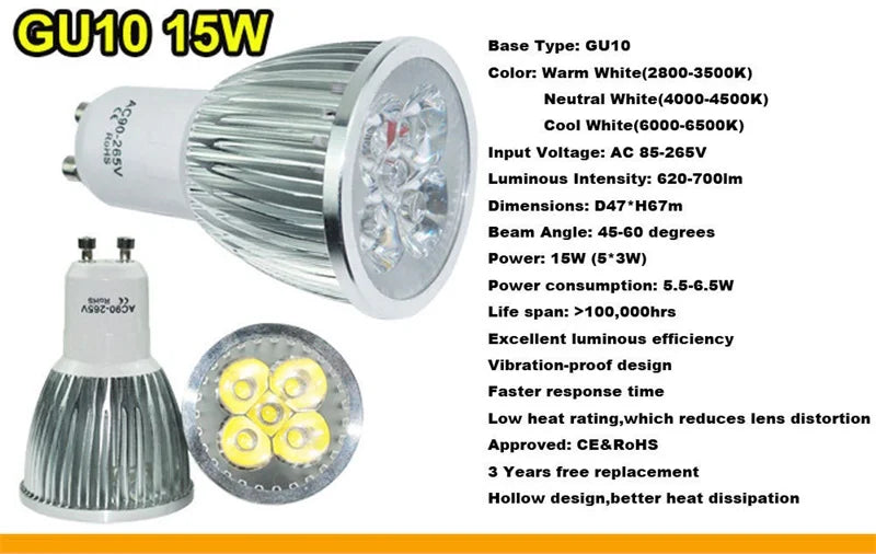 High Brightness LED Spotlight Bulb - E27 E14 GU10 MR16 Base (9W 12W 15W)