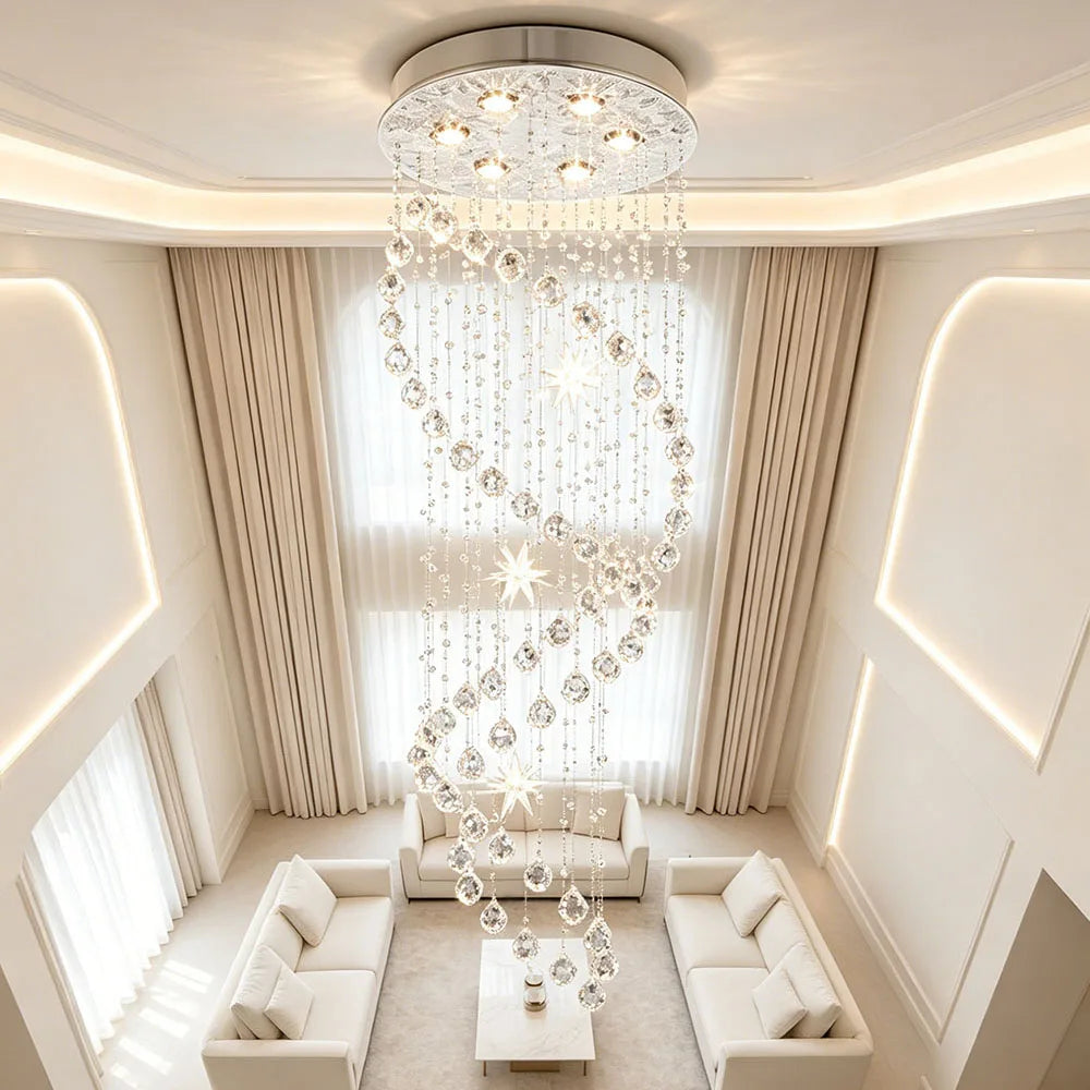 Luxury Spiral K9 Crystal Pendant Light Long Star Crystal Chandelier For Duplex Stairwell Villa Entrance Indoor LED Lighting