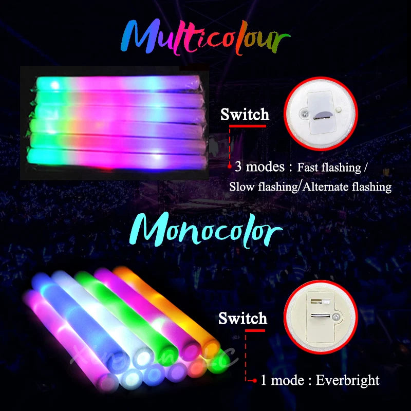 60Pcs White LED Glow Bulk Colorful LED Glow Sticks Foam Stick Cheer Tube Dark Light Birthday Wedding Party Supplies
