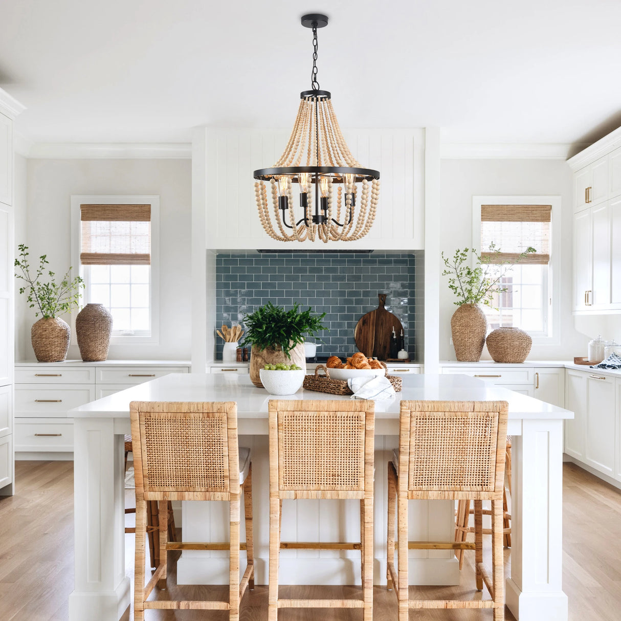 Modern Boho Wood Bead Chandelier Classic Dimmable High Ceilings Chandeliers With Matt Black Finished For Bedroom Hall