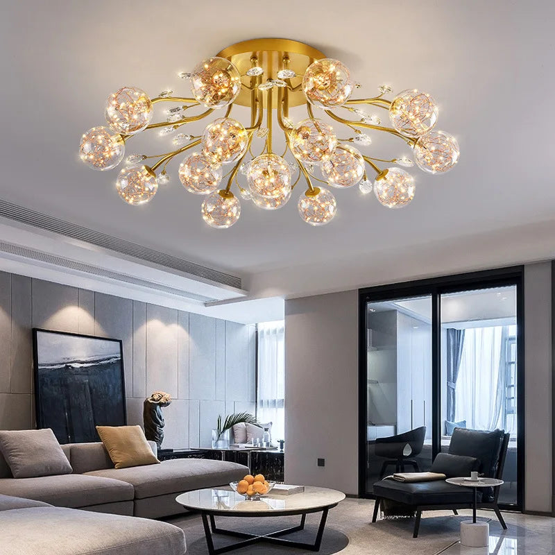 Nordic Luxury Dendritic Crystal Ceiling Lamp Glass Flower Light Shade Bedroom Restaurant Living Room LED Chandelier Bright Decors