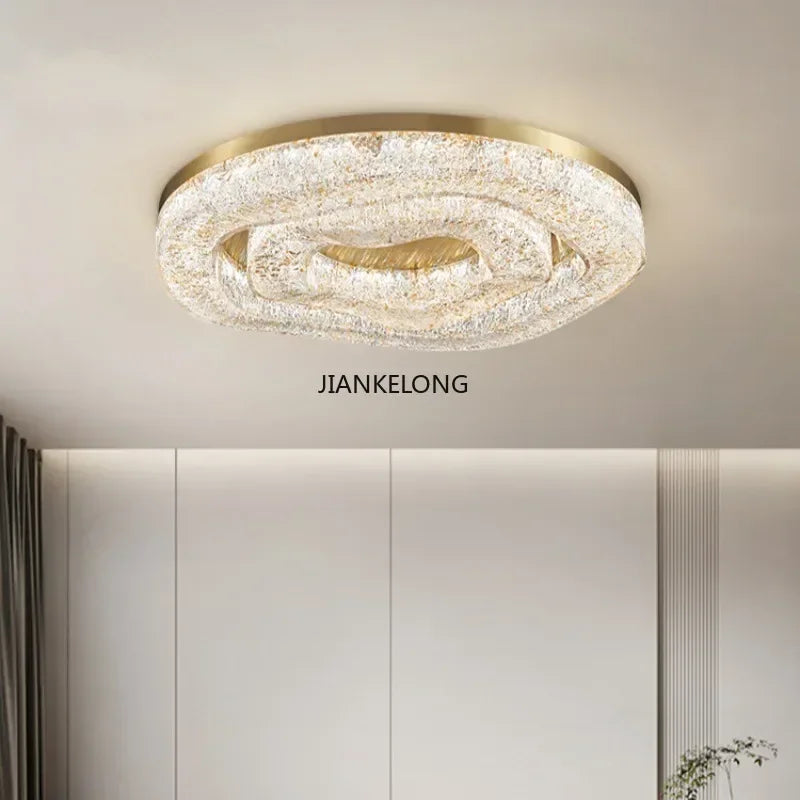 Modern Italian Luxury Living Room Crystal Ceiling Light, Golden Circular Copper Dining Room Home Decoration Lamp, LED Decoration