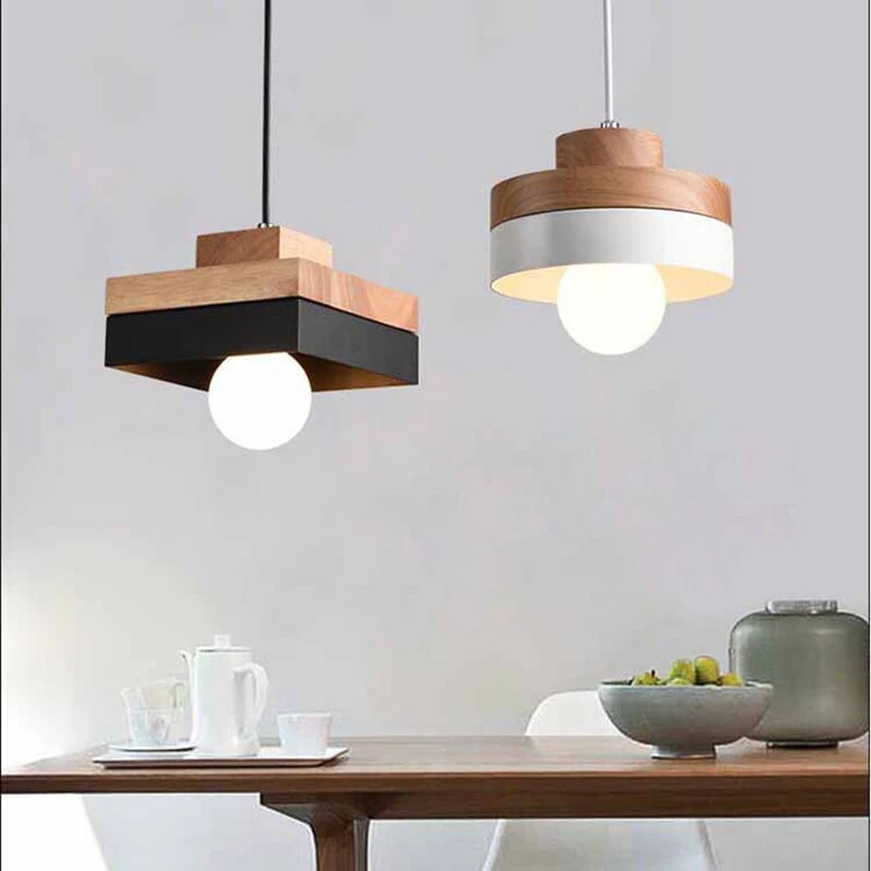 Nordic LED Wooden Pendant Light Iron 18CM Square Living Room Hanging Fixture For Bedroom Dining Room Study Home Decor Luminaires