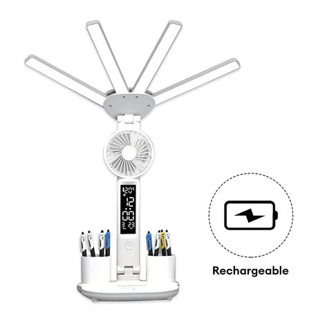 3in1 Multifunction Table Lamp LED Four-headed Folding With Fan Calendar Clock USB Rechargeable Desk light 3 color Reading Lamp