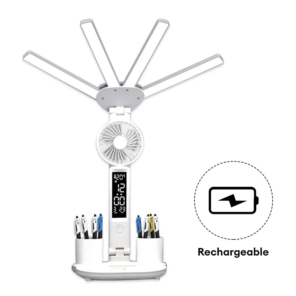 3in1 Multifunction Table Lamp LED Four-headed Folding With Fan Calendar Clock USB Rechargeable Desk light 3 color Reading Lamp