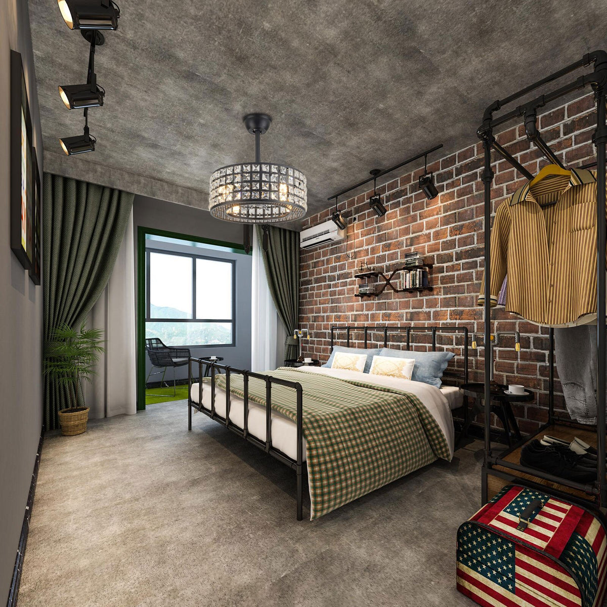 Remote Control Ceiling Fan Light with 4-Lamps 18 Inch Round Enclosed Chandelier Fan with Crystal Lamp Shade Built in 7 ABS Blade