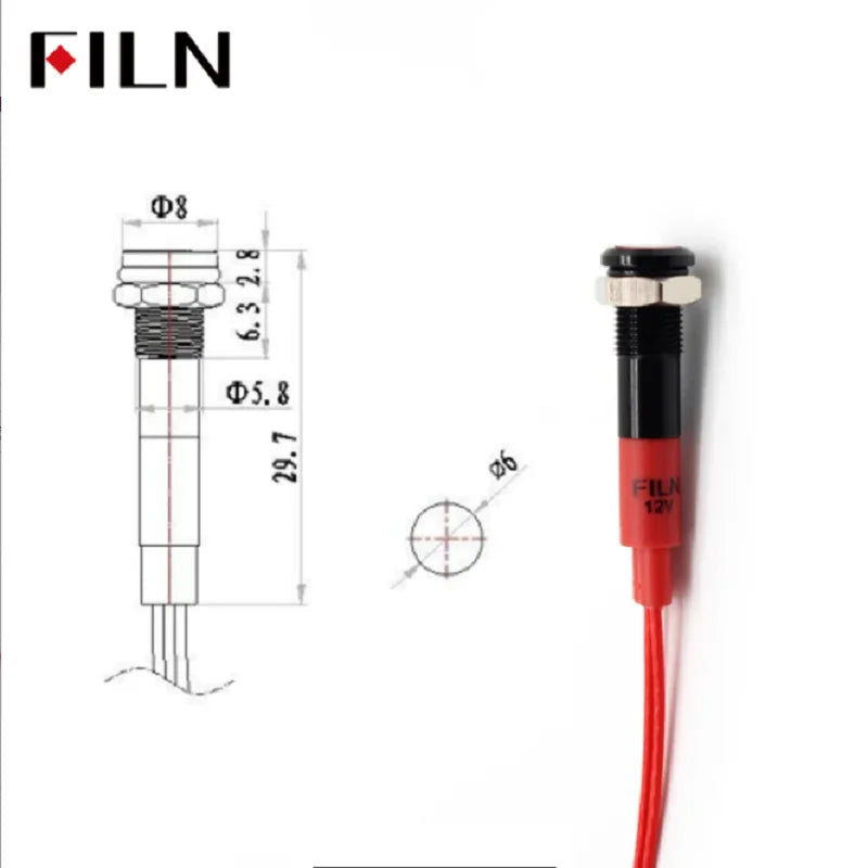6mm mini 12v 24V LED Metal indicator light flat pilot light signal lamp red green blue orange white with 20cm cable