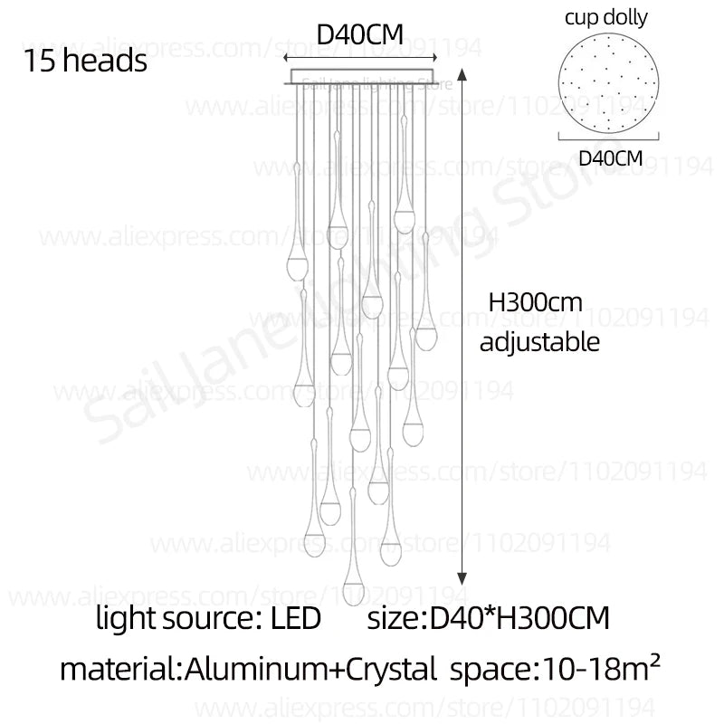 Nordic Minimalist Crystal Raindrop Pendant Light LED Staircase Chandelier For High Ceiling Villa Duplex Home Decor Living Room