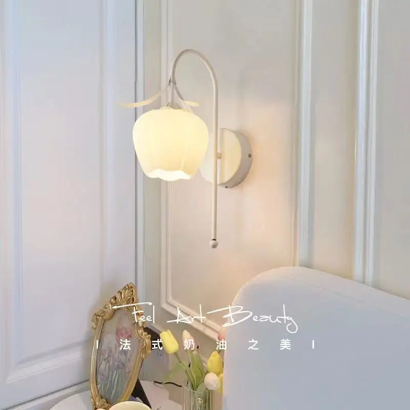 French Cream Flower Bedroom Bedside Wall Lamp Warm Rural Decorative Lights for Living Room Background Aisle Stairway Sconces