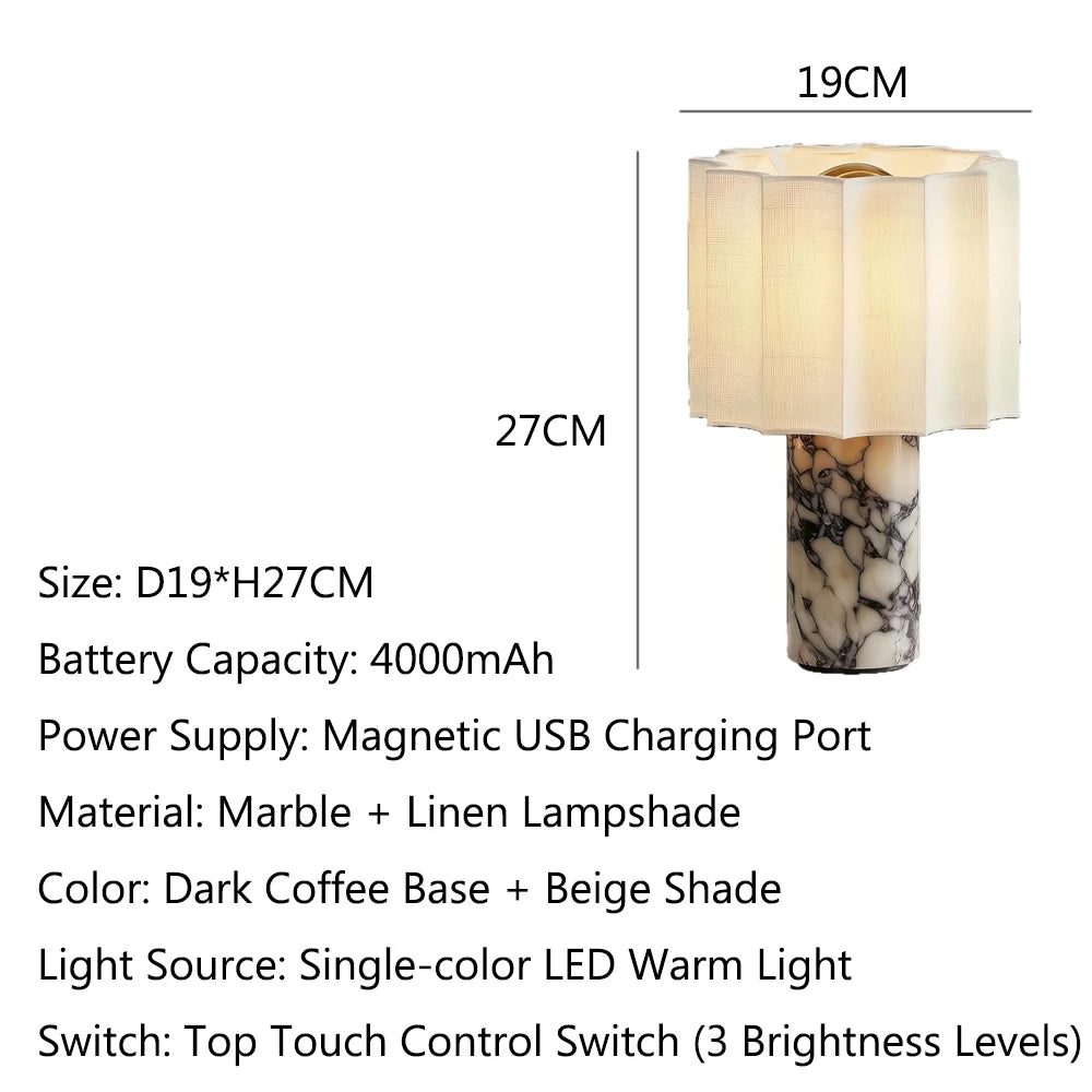 Marble Touch Table Lamp USB Rechargeable Cordless Bedroom Bedside Small Glow Night Light Stone Base and Linen Fabric Shades