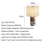 Marble Touch Table Lamp USB Rechargeable Cordless Bedroom Bedside Small Glow Night Light Stone Base and Linen Fabric Shades