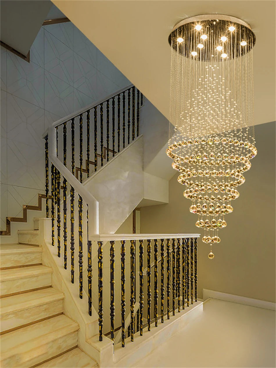 Modern Luxury LED Crystal Chandelier Lamp Stair Lights Droplight Double Entry Long Circular Crystal Lighting  Lobby Chandelier