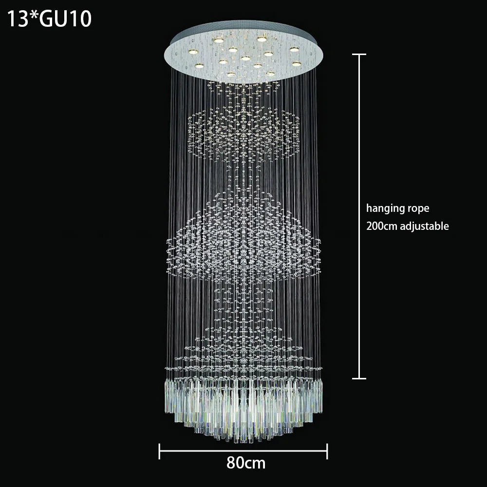 Modern Long Crystal Chandelier Flush Mount Ceiling Light for Duplex Villa Staircase Hotel Lobby Decoration