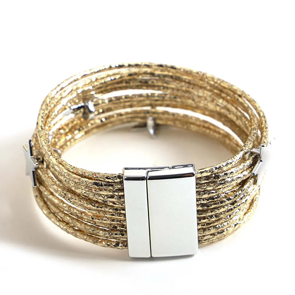 ALLYES Boho Glitter Filled Slim Strips Leather Bracelet for Women Fashion Cute Stars Multilayer Wrap Bracelets Charm Jewelry