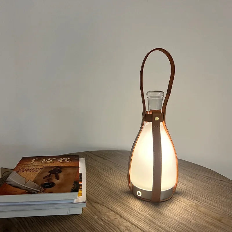 Nordic Atmosphere Creative Glass Bottle LED Table Lamp Leather Bedroom Bedside Bar Portable Outdoor Camping Light Charging Art