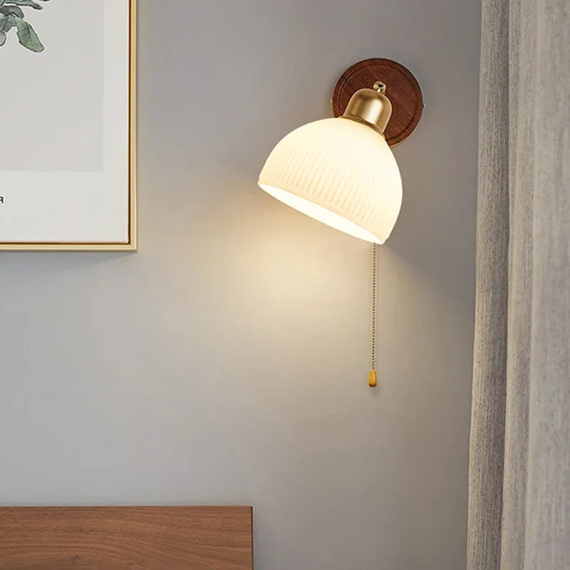 Nordic Glass Wall Lamp for Living Room Bedroom Bedside Aisle Wood Color Wall Light With Pull Switch Homestay Art Decorative E27