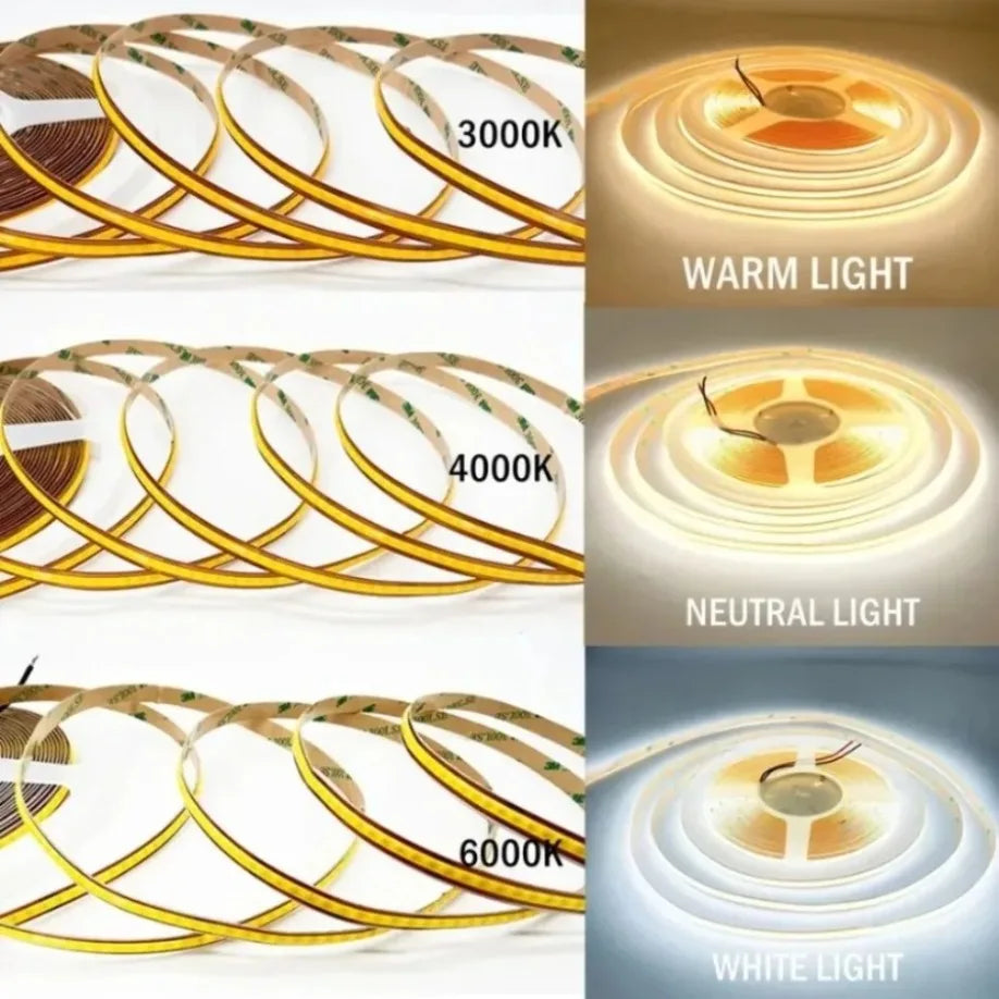 DC 12V/24V High-Density 8mm COB LED Strip Light (400/528 LEDs/m, Cuttable) - Flexible Seamless Tape Light for Indoor Home Decor (0.5m–10m)