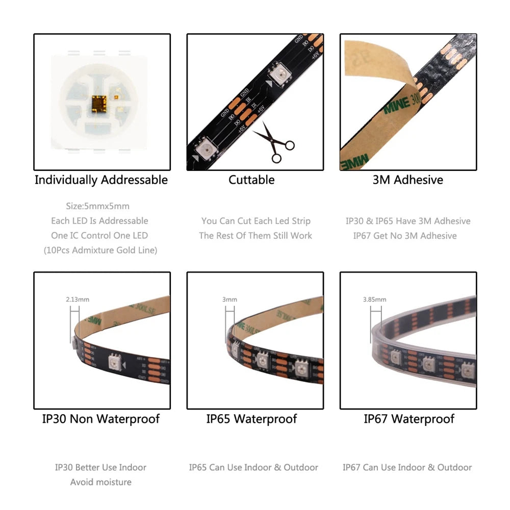 WS2812B WS2813 WS2815 Programmable LED Strip Light (1–5M, 144 LEDs/m) - DC5V/DC12V High-Density RGB Chasing Pixel Ribbon