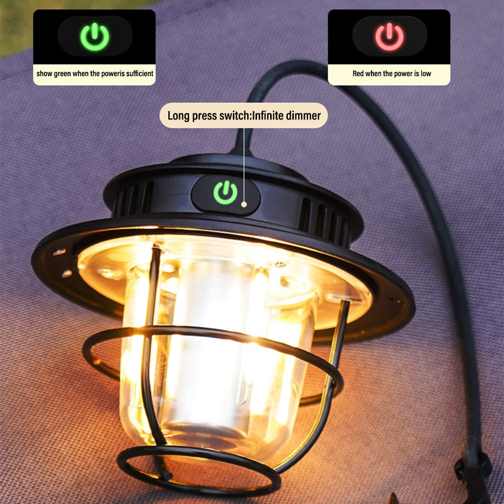 Vintage Style Ceramic Wick Camping Light Rechargeable LED Super Bright Camping Light 4 Lighting Modes Waterproof Outdoor Light