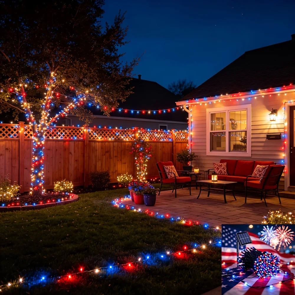 Patriotic Red White Blue LED String Lights - Solar Powered 4th of July Decor