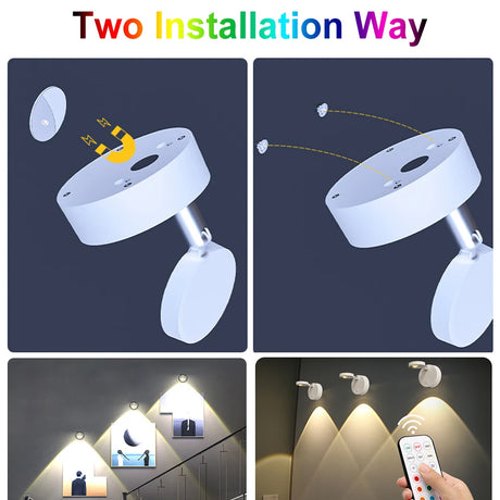Wireless RGB Remote Spotlight Rechargeable Accent Lights LED Puck Lights Dimmable Timer Wall Lamp Up light Angle Artwork Lighting