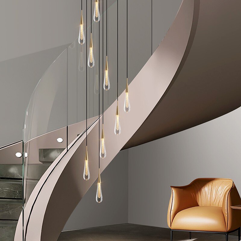 Modern Creative LED Lamp Pendant ForStair Lamp,Duplex Building Villa,Apartmenthigh Hanging Simple Crystal Gold Flowing Waterdrop