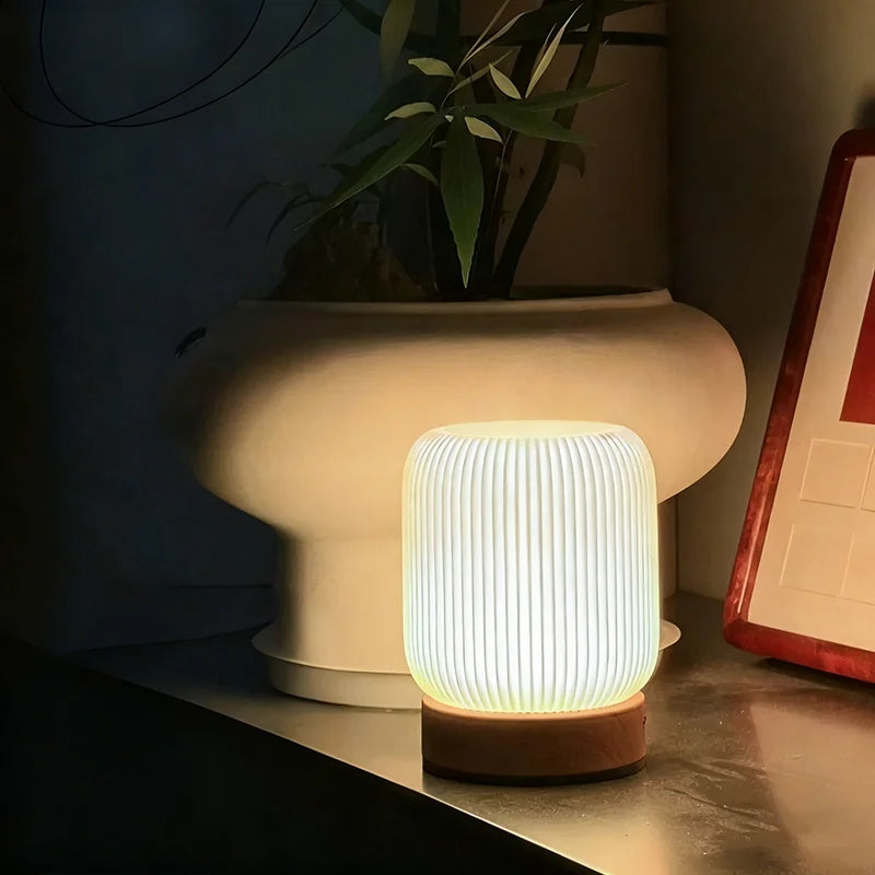 Wood Grain Touch Bedside Lamp - Wireless Portable Night Light for Bedroom