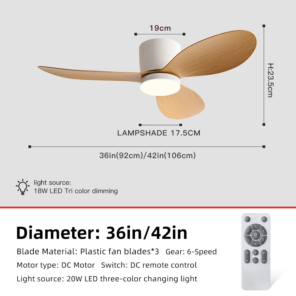 36/42 Inch Modern Ceiling Fan w/Light, 6-Speed DC Motor, Remote, Ultra Quiet, 3-Color Dimmable 18W for Bedroom/Living Room