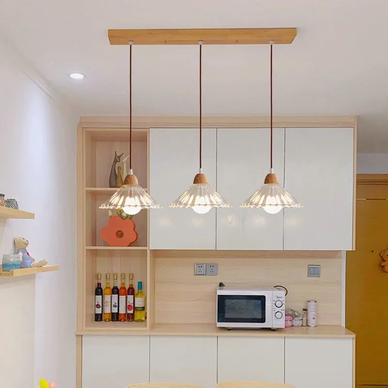 Nordic glass pendant lamp Japanese log wind cafe&#39;s restaurant three small chandelier bedroom bedside bar dining table lamps