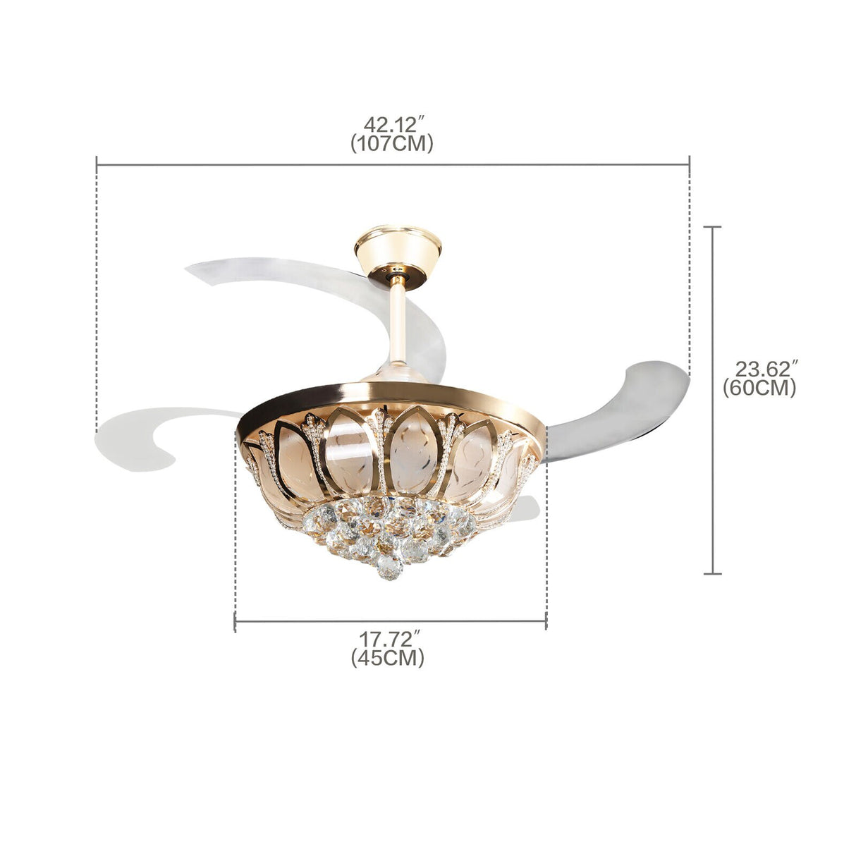 K9 Crystal Retractable Ceiling Fan Light Luxury LED Chandelier Lamp with Remote Control&amp;4 Invisible Blades Golden