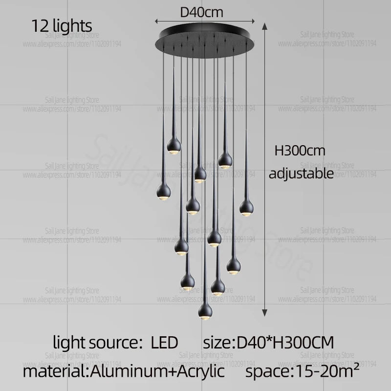 Nordic Water Droplet Pendant Light Hanging Stairs Chandelier Living Room Ceiling Light Modern Villa Bedside Lamp Indoor Lighting