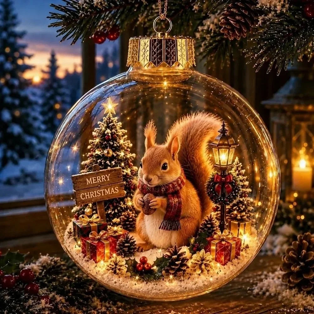 1pc 8CM Size Acrylic Material Christmas Ball Ornament Transparent Design with Light Santa Claus Pendant Hanging Christmas Decor