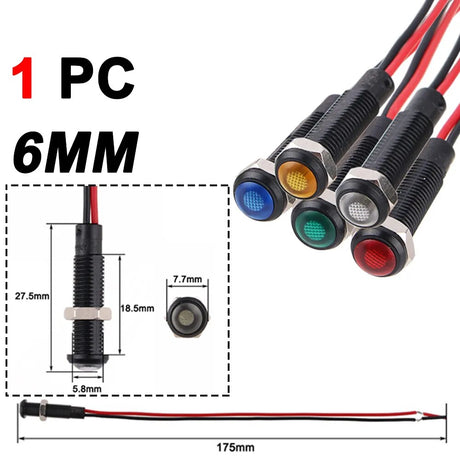 6mm Plastics LED Waterproof Black Indicator Light Signal Lamp Wire 3V 6V 12V 24V 110V 220V AC/DC
