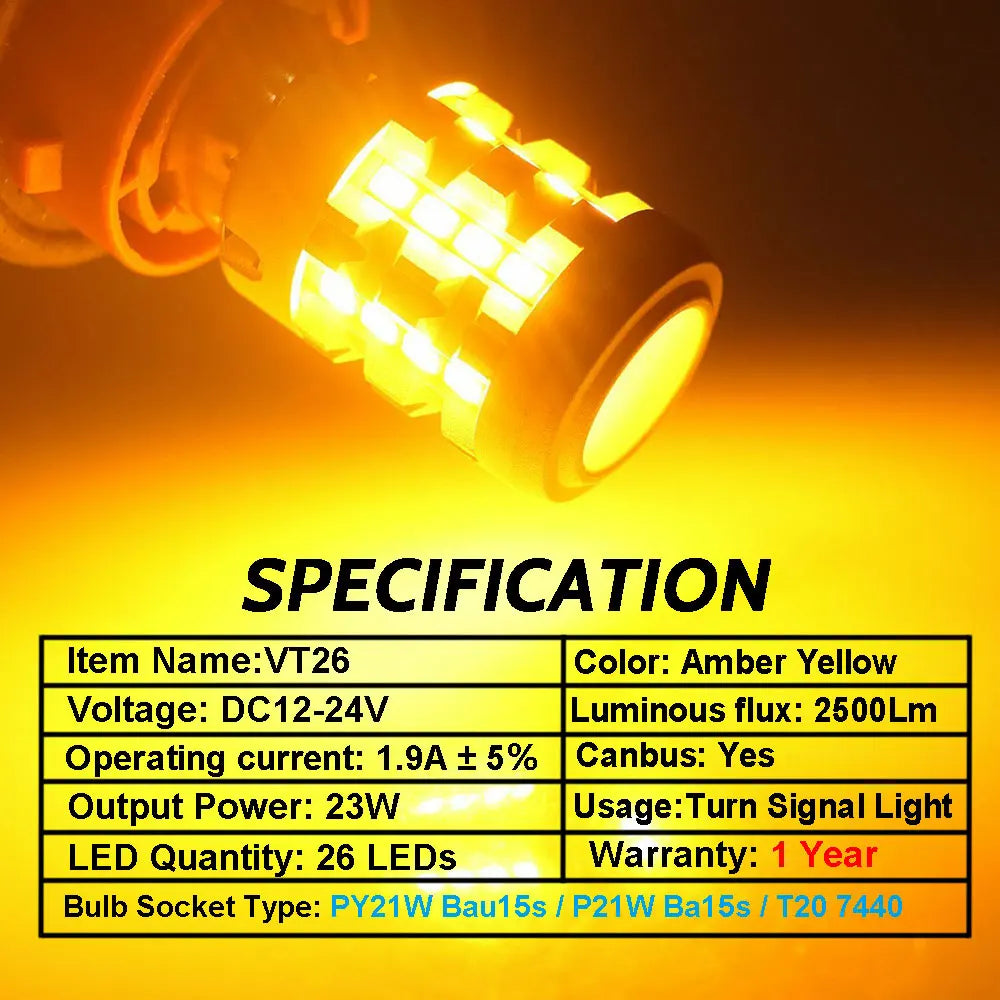 2Pcs Canbus PY21W Bau15s/P21W BA15S 1156/T20 WY21W 7440 LED Bulb for Car Turn Signal Light Amber Yellow Anti Hyper Flash 12v