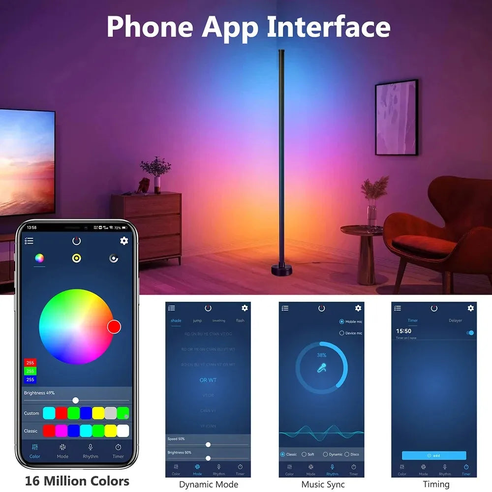 LED Floor Lamp RGB Remote & APP Control Music Sync Corner Lighting Timer Modern Mood Standing Lamp for Living Room Gaming