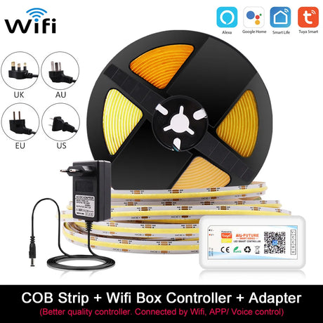 Wi-fi CCT COB LED Strip Light Kit 5mm 10mm Color Temperature Dimmable Supports Alexa Google SmartThings Room Decors