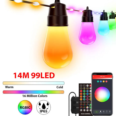50Ft RGBW Smart String Lights with Rope Fairy APP Remote Control Dimmable G40 Patio Lights Outdoor Christmas Tree Garden Decors